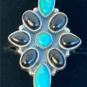 Sterling Silver Black Onyx Kingman Turquoise Adjustable Cluster Ring